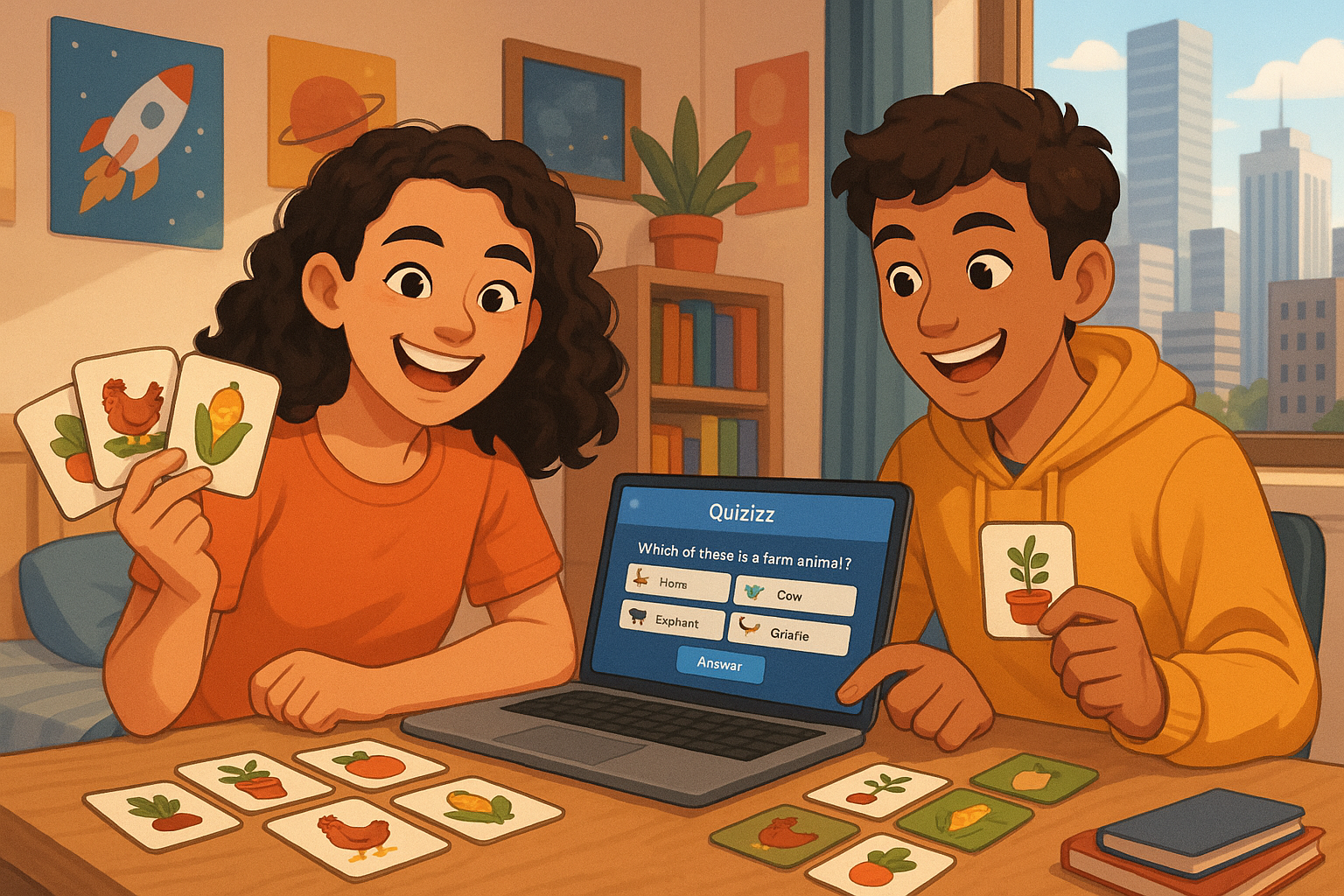 Dois adolescentes que estão na cidade, jogando o Jogo de Quizizz e o Jogo da Memória com tema do Campo 